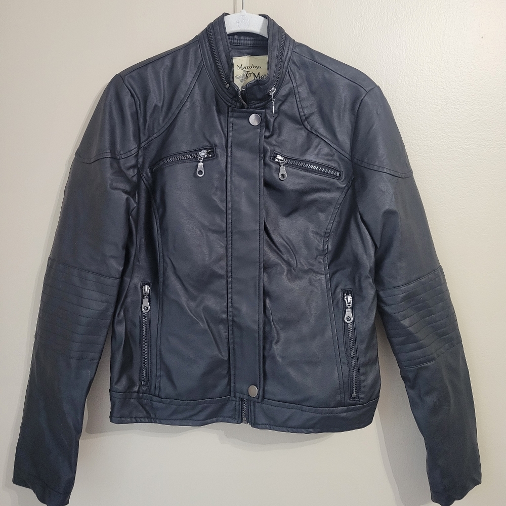 Faux Vegan Leather Zip Moto Biker Jacket Size Medium Black